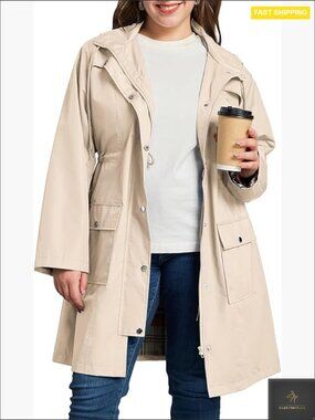 Plus Size Waterproof Rain Jacket Hooded Trench Coat with Pockets Adjustable